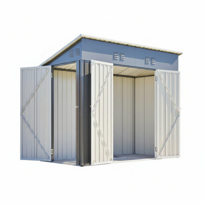 4X8 FT Outdoor Storage Shed with Floor Frame,Metal Shed W/Left/Right Optional Lockable Door,Heavy-Duty Garden Tool Storage House W/ 4 Air Vents & Sloping Roof,For Backyard,Patio,Lawn,Gray