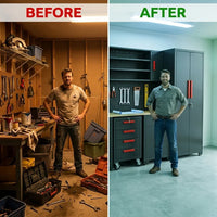 Garage Storage Cabinet System Built for Heavy-Duty Organization, 8-Piece Set, 130 Inches Wide, Steel Construction — Before & After