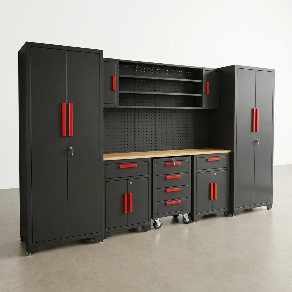 Garage Storage Cabinet System Built for Heavy-Duty Organization, 8-Piece Set, 130 Inches Wide, Steel Construction — Studio Shot