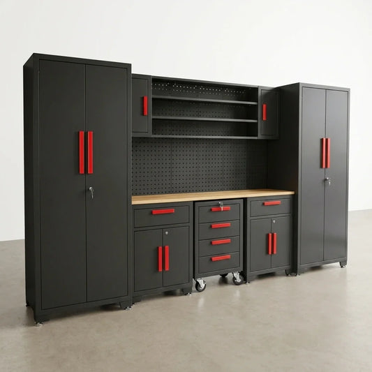 Garage Storage Cabinet System Built for Heavy-Duty Organization, 8-Piece Set, 130 Inches Wide, Steel Construction — Studio Shot
