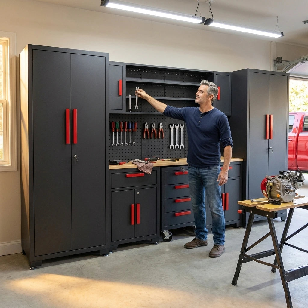 Garage Storage Cabinet System Built for Heavy-Duty Organization, 8-Piece Set, 130 Inches Wide, Steel Construction lifestyle