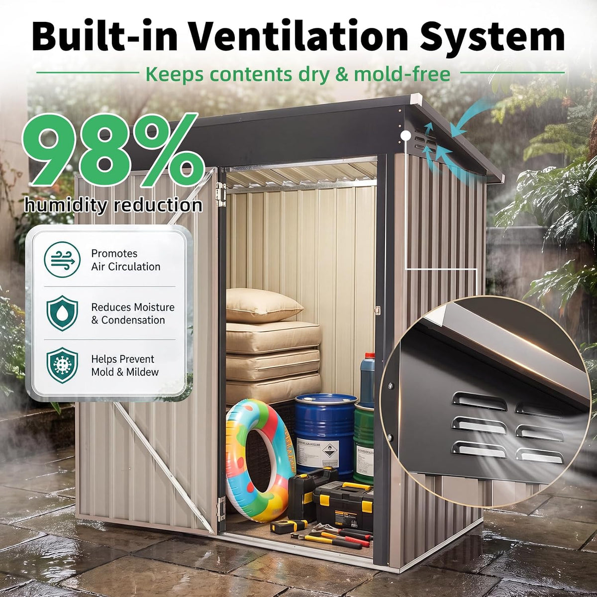 3' X 5' Outdoor Metal Storage Shed, Heavy Duty Garden Tool Shed with Lockable Oversized Door, Small Bike & Outdoor Storage Shed for Backyard, Patio - Gray — product view 4