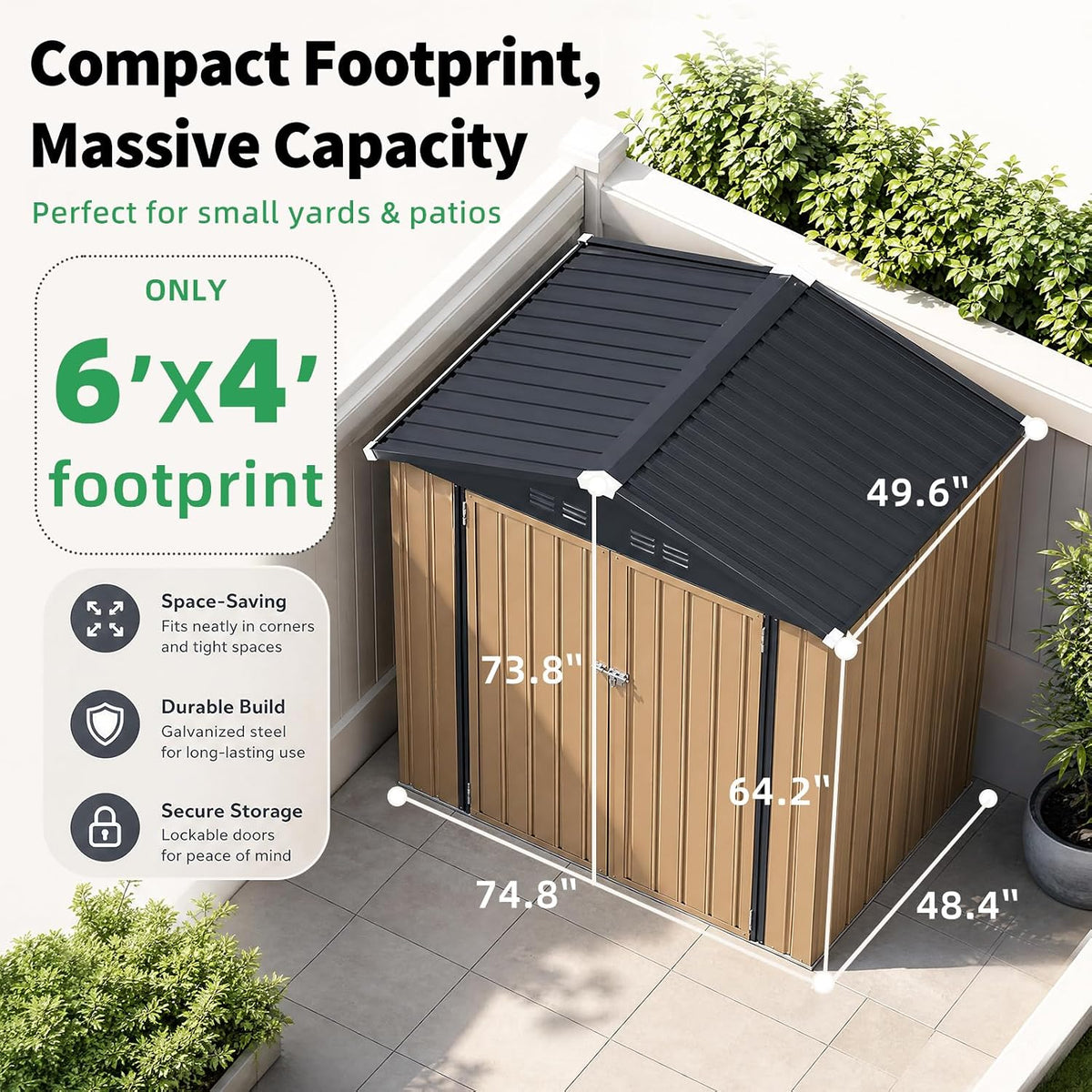 4' X 6' Outdoor Metal Storage Shed, Heavy Duty Garden Tool Shed with Lockable Double Hinged Door, Small Bike Storage Shed for Backyard, Patio - Gray — product view 6