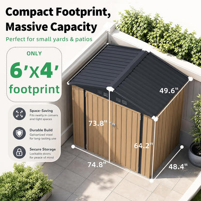 4' X 6' Outdoor Metal Storage Shed, Heavy Duty Garden Tool Shed with Lockable Double Hinged Door, Small Bike Storage Shed for Backyard, Patio - Gray — product view 6