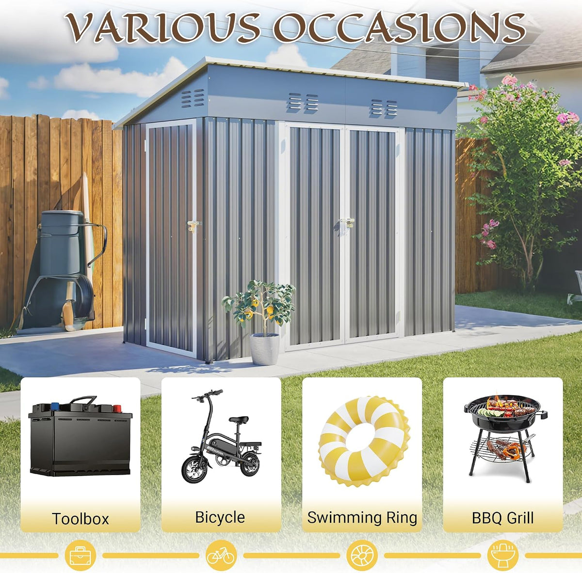 4X8 FT Outdoor Storage Shed with Floor Frame,Metal Shed W/Left/Right Optional Lockable Door,Heavy-Duty Garden Tool Storage House W/ 4 Air Vents & Sloping Roof,For Backyard,Patio,Lawn,Gray — product view 10