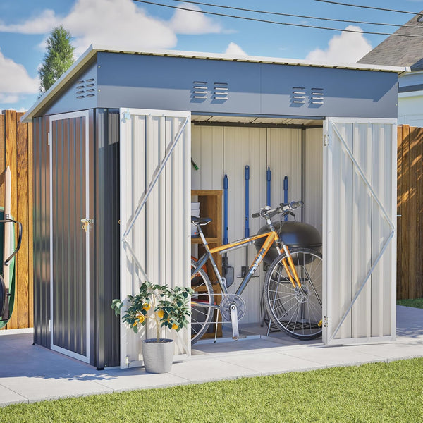 4X8 FT Outdoor Storage Shed with Floor Frame,Metal Shed W/Left/Right Optional Lockable Door,Heavy-Duty Garden Tool Storage House W/ 4 Air Vents & Sloping Roof,For Backyard,Patio,Lawn,Gray