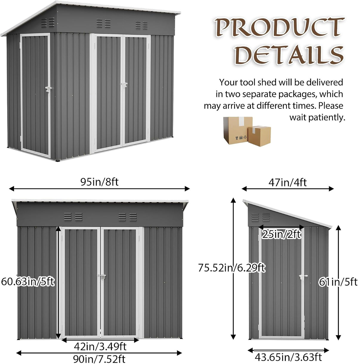 4X8 FT Outdoor Storage Shed with Floor Frame,Metal Shed W/Left/Right Optional Lockable Door,Heavy-Duty Garden Tool Storage House W/ 4 Air Vents & Sloping Roof,For Backyard,Patio,Lawn,Gray — product view 3