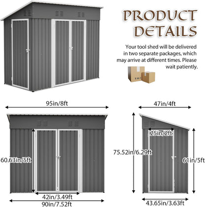 4X8 FT Outdoor Storage Shed with Floor Frame,Metal Shed W/Left/Right Optional Lockable Door,Heavy-Duty Garden Tool Storage House W/ 4 Air Vents & Sloping Roof,For Backyard,Patio,Lawn,Gray — product view 3