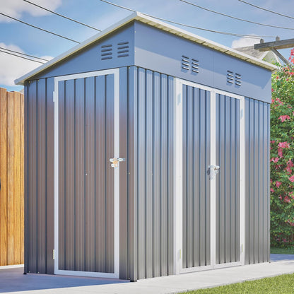 4X8 FT Outdoor Storage Shed with Floor Frame,Metal Shed W/Left/Right Optional Lockable Door,Heavy-Duty Garden Tool Storage House W/ 4 Air Vents & Sloping Roof,For Backyard,Patio,Lawn,Gray — product view 4
