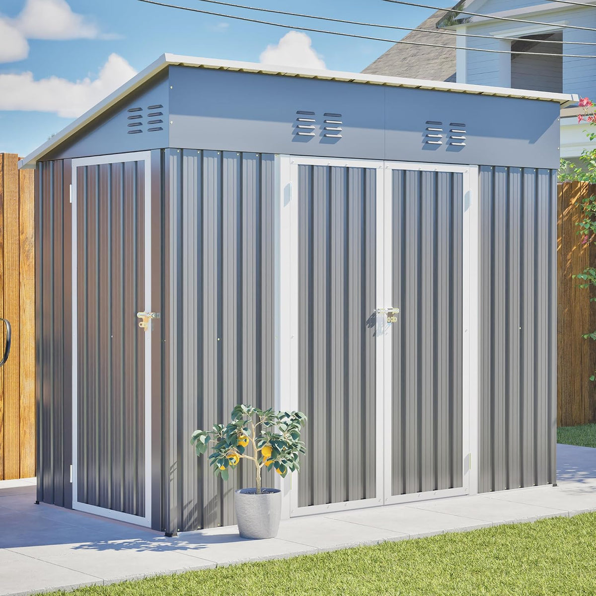 4X8 FT Outdoor Storage Shed with Floor Frame,Metal Shed W/Left/Right Optional Lockable Door,Heavy-Duty Garden Tool Storage House W/ 4 Air Vents & Sloping Roof,For Backyard,Patio,Lawn,Gray — product view 5
