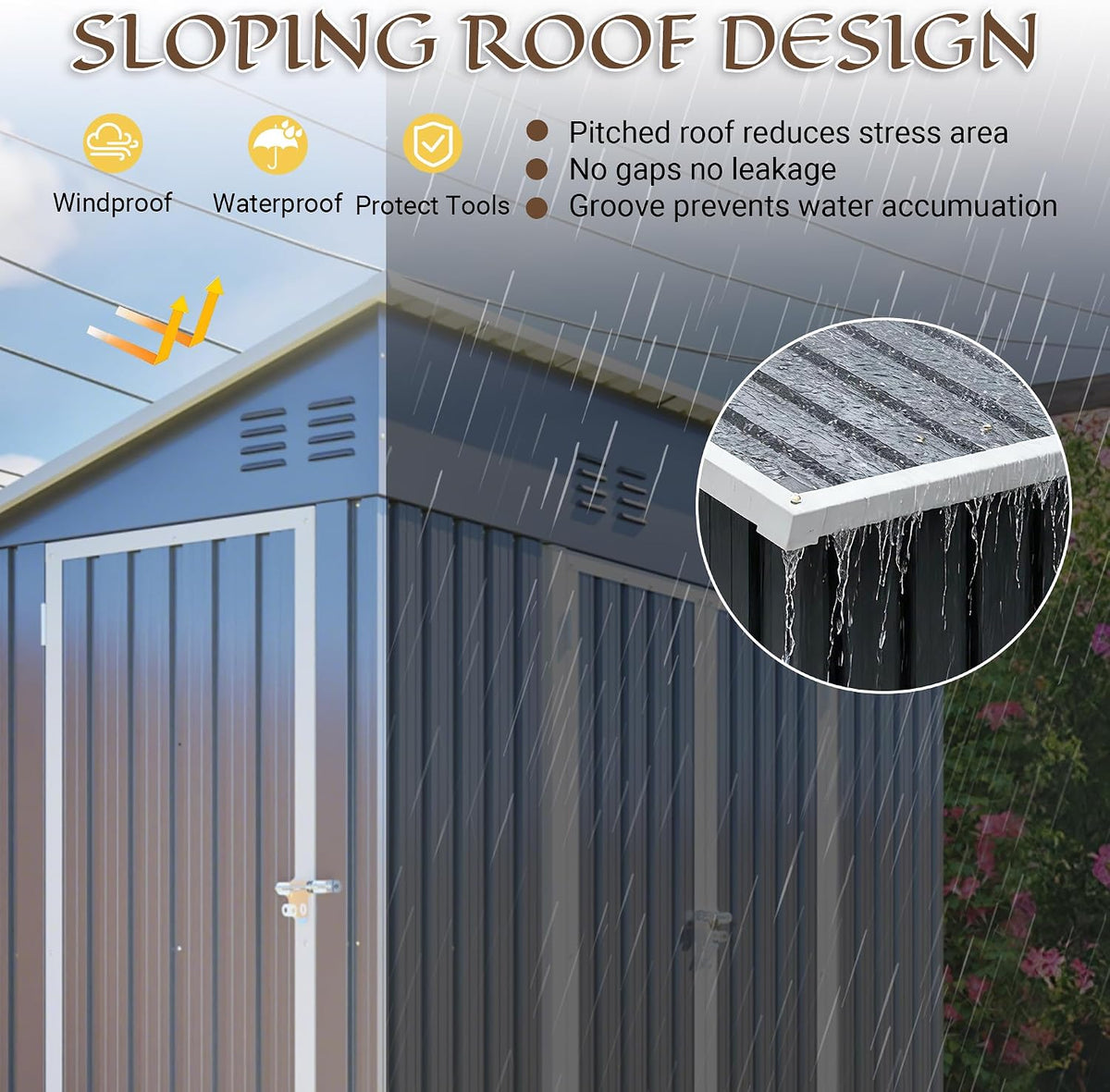 4X8 FT Outdoor Storage Shed with Floor Frame,Metal Shed W/Left/Right Optional Lockable Door,Heavy-Duty Garden Tool Storage House W/ 4 Air Vents & Sloping Roof,For Backyard,Patio,Lawn,Gray — product view 6