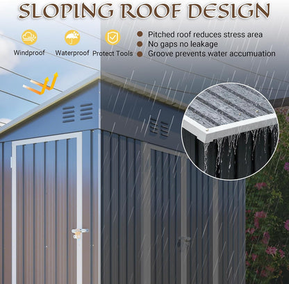 4X8 FT Outdoor Storage Shed with Floor Frame,Metal Shed W/Left/Right Optional Lockable Door,Heavy-Duty Garden Tool Storage House W/ 4 Air Vents & Sloping Roof,For Backyard,Patio,Lawn,Gray — product view 6