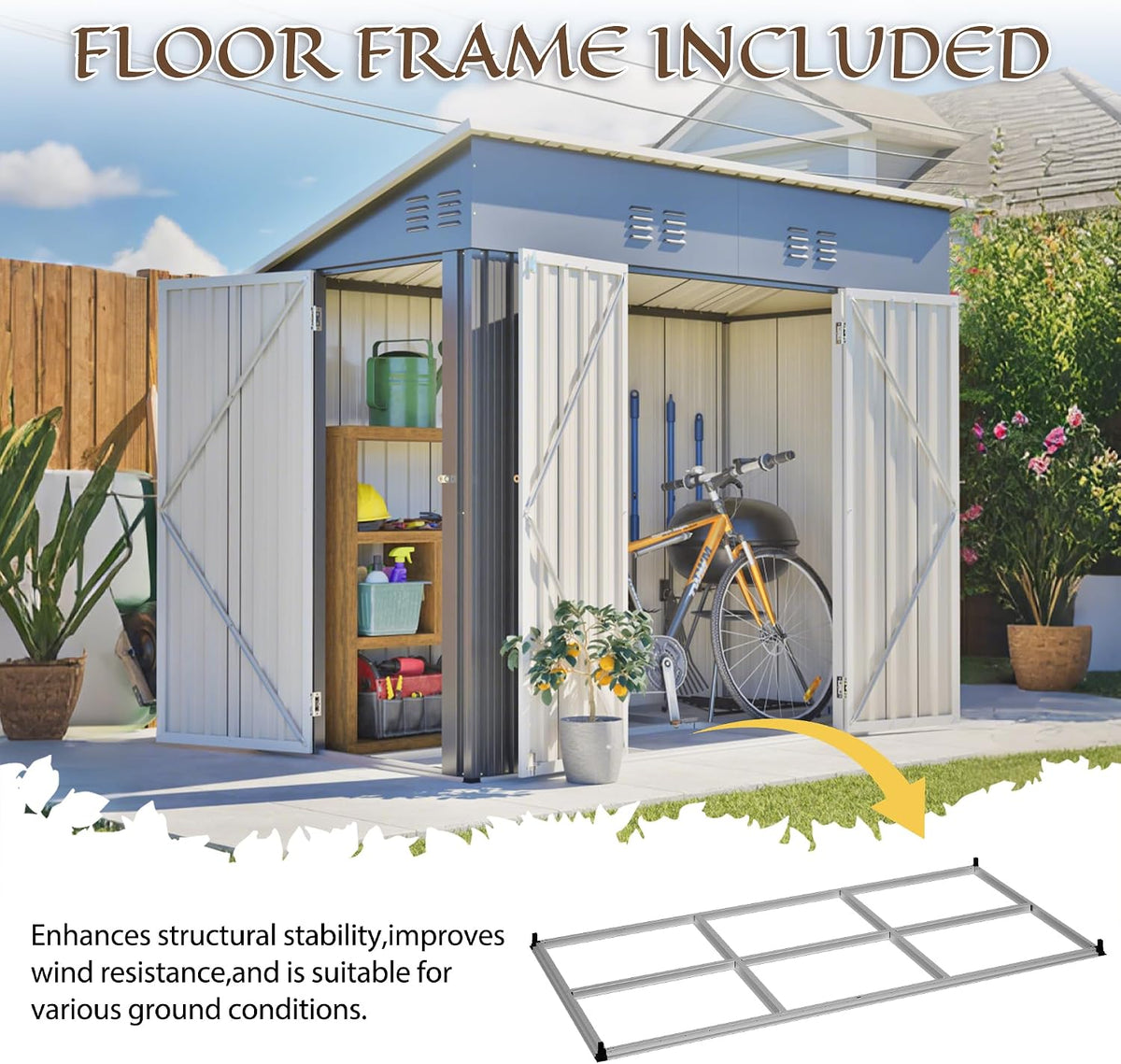 4X8 FT Outdoor Storage Shed with Floor Frame,Metal Shed W/Left/Right Optional Lockable Door,Heavy-Duty Garden Tool Storage House W/ 4 Air Vents & Sloping Roof,For Backyard,Patio,Lawn,Gray — product view 7