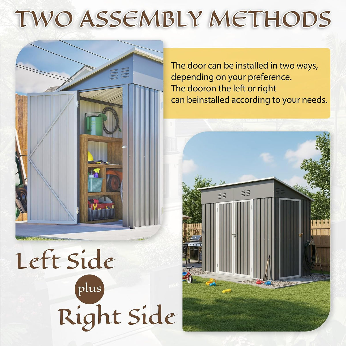 4X8 FT Outdoor Storage Shed with Floor Frame,Metal Shed W/Left/Right Optional Lockable Door,Heavy-Duty Garden Tool Storage House W/ 4 Air Vents & Sloping Roof,For Backyard,Patio,Lawn,Gray — product view 8