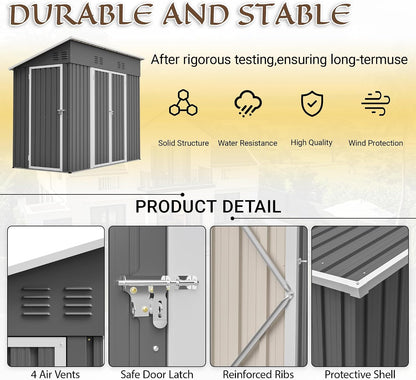 4X8 FT Outdoor Storage Shed with Floor Frame,Metal Shed W/Left/Right Optional Lockable Door,Heavy-Duty Garden Tool Storage House W/ 4 Air Vents & Sloping Roof,For Backyard,Patio,Lawn,Gray — product view 9
