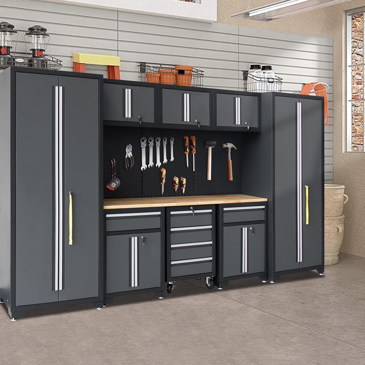 9-Piece Garage Shop Tool Storage Cabinet Set with Pegboard and Wooden Work Top 24 Gauge Steel Tool Chests & Garage Mounted Storage Systems - Black+Gray — product view 3