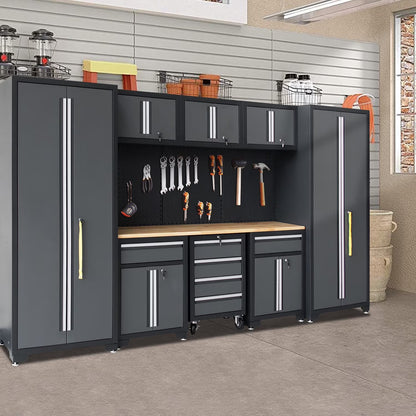 9-Piece Garage Shop Tool Storage Cabinet Set with Pegboard and Wooden Work Top 24 Gauge Steel Tool Chests & Garage Mounted Storage Systems - Black+Gray — product view 3
