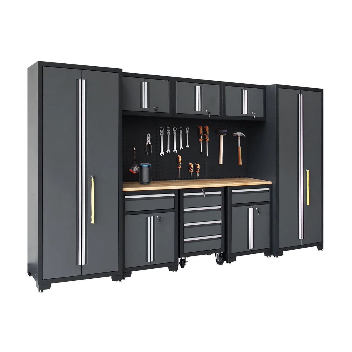9-Piece Garage Shop Tool Storage Cabinet Set with Pegboard and Wooden Work Top 24 Gauge Steel Tool Chests & Garage Mounted Storage Systems - Black+Gray — product view 4