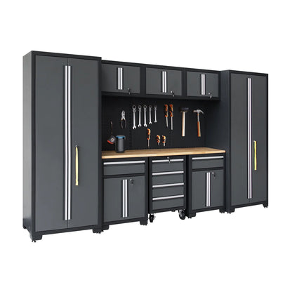 9-Piece Garage Shop Tool Storage Cabinet Set with Pegboard and Wooden Work Top 24 Gauge Steel Tool Chests & Garage Mounted Storage Systems - Black+Gray — product view 4