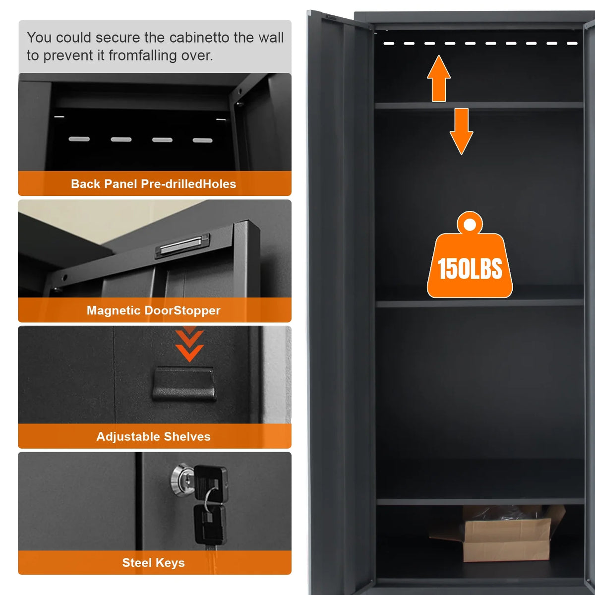 9-Piece Garage Shop Tool Storage Cabinet Set with Pegboard and Wooden Work Top 24 Gauge Steel Tool Chests & Garage Mounted Storage Systems - Black+Gray — product view 7