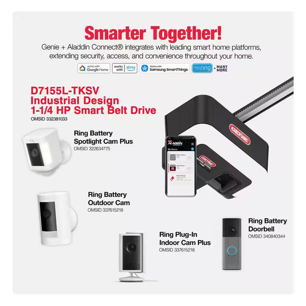 Industrial Design 1-1/4 HP Smart Belt Garage Door Opener with LED Lighting and Battery Backup