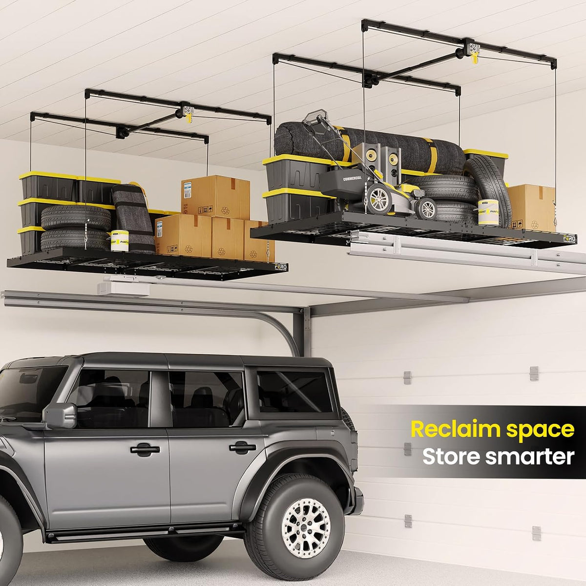 Overhead Garage Storage Rack 4X8, 500 Lb Heavy-Duty Capacity, Ceiling Mounted Storage Lift with Safety Lock, Drop down Overhead Storage System, Garage Ceiling Hoist Organizer — product view 2
