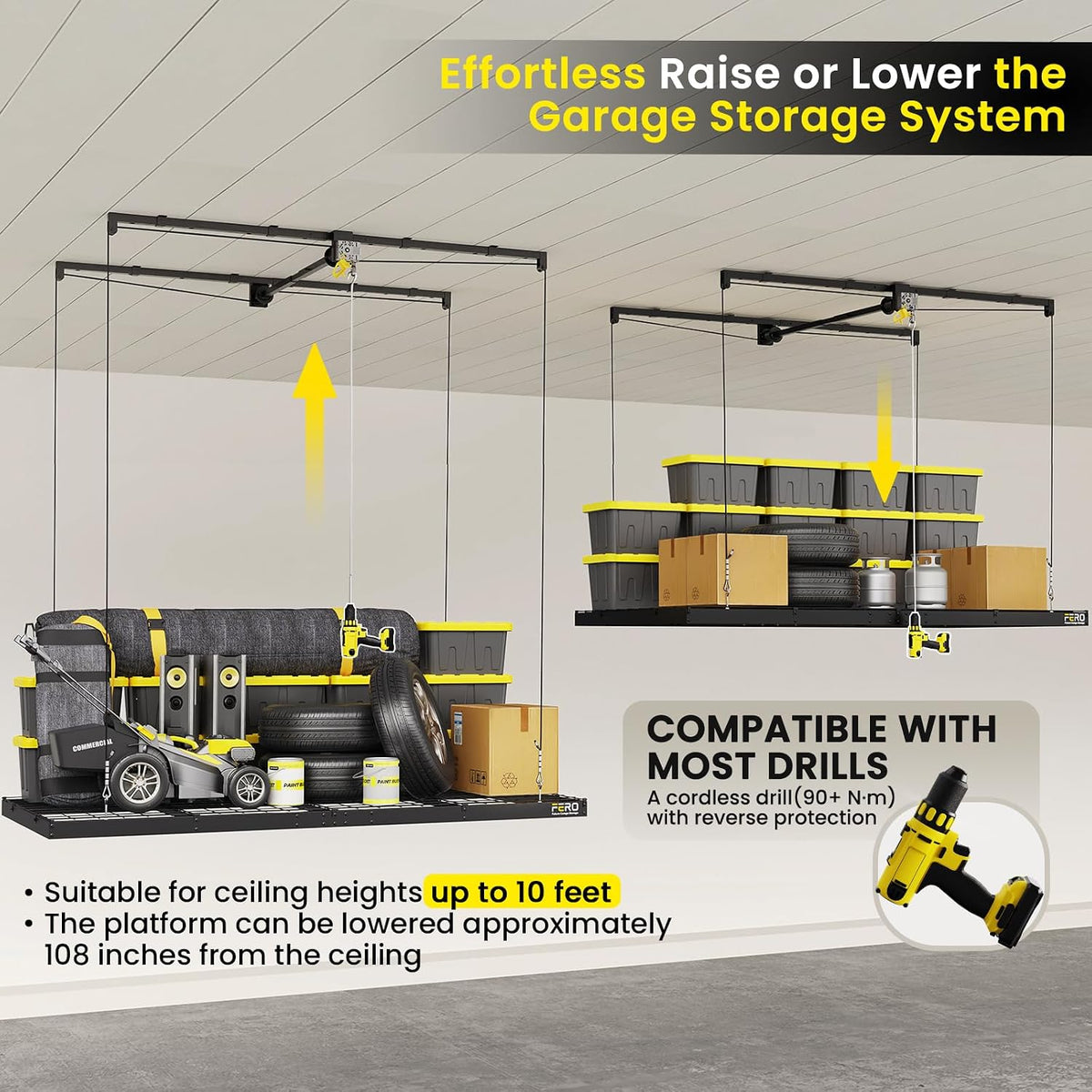 Overhead Garage Storage Rack 4X8, 500 Lb Heavy-Duty Capacity, Ceiling Mounted Storage Lift with Safety Lock, Drop down Overhead Storage System, Garage Ceiling Hoist Organizer — product view 6
